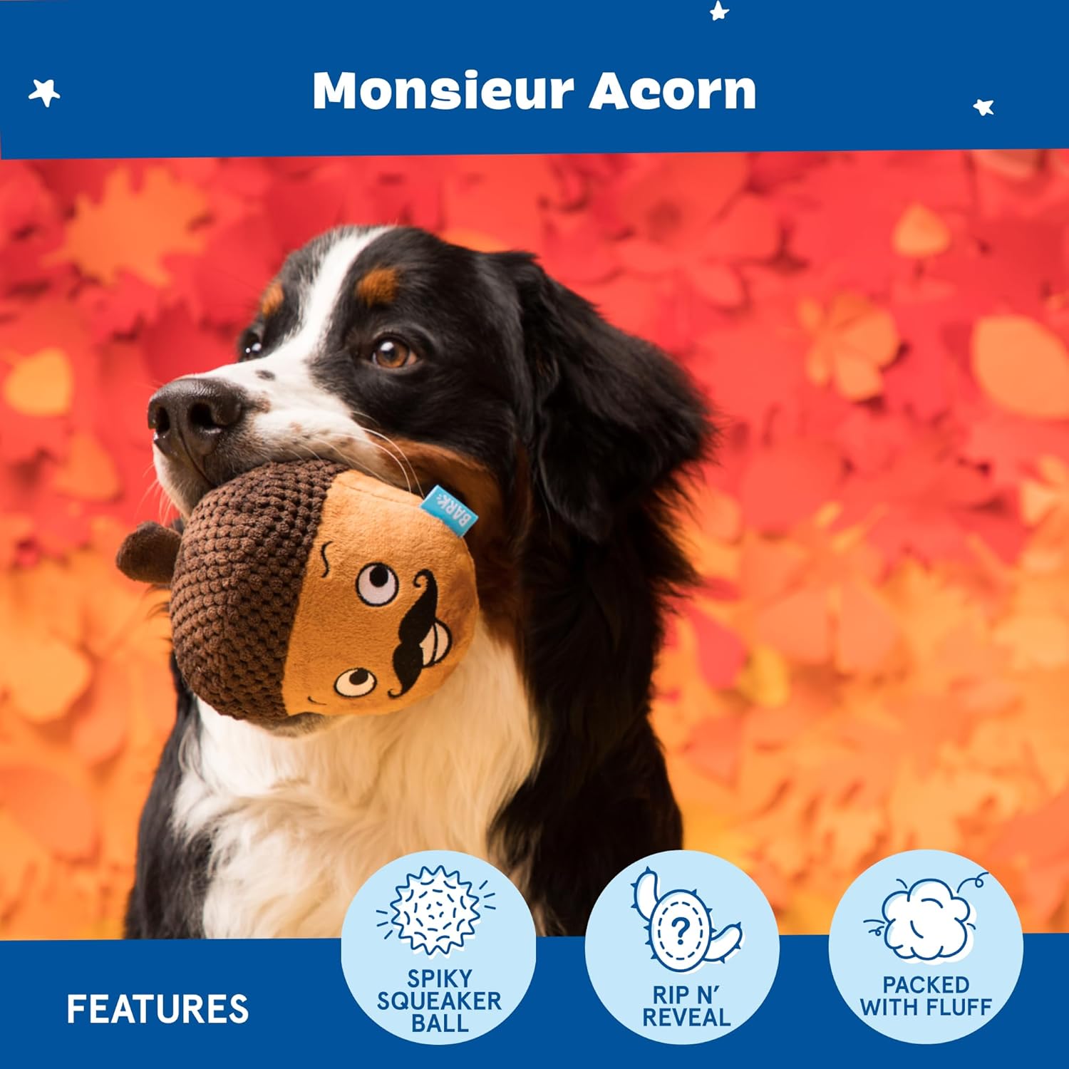 Dog Toy 2 in 1 Interactive, Plush Exterior with Squeaker & Textured Material, Tearable Dog Toy with Squeaky Spikey Ball Inside, Ideal for Toy Destroyers - Monsieur Acorn, Large
